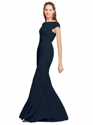 Cheap Dark Navy Boat Neck Sleeveless Open Back Long Sexy Evening Dress UK