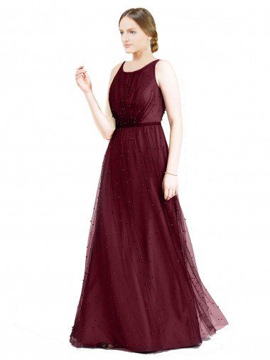 Cheap Burgundy Boat Neck Sleeveless Keyhole Back Long Semi Formal Evening Dress UK