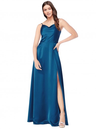 Cheap Peacock Blue Cowl Neck Sleeveless Low Back Long Evening Dress UK