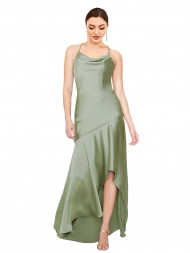 Cheap Smoke Green Cowl Neck Sleeveless Criss Cross Open Back Long Evening Dress UK