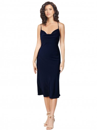 Cheap Dark Navy Cowl Neck Sleeveless Criss Cross Open Back Midi Length Evening Dress UK