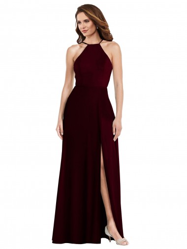 Cheap Burgundy Gold Halter Neck Sleeveless Low Back Long Maxi Evening Dress UK