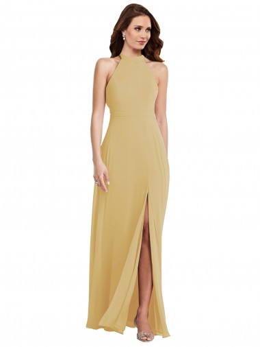 Cheap Gold Halter Neck Sleeveless Criss Cross Open Back Long Maxi Evening Dress UK