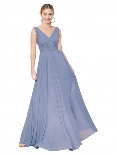 Cheap Dusty Blue High Neck Sleeveless V-Back Long Wedding Guest Dress UK