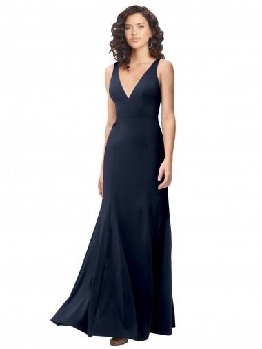 Cheap Dark Navy High Neck Sleeveless V-Back Stretch Crepe Long Evening Dress UK