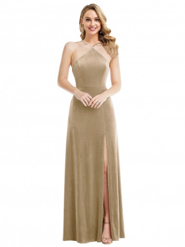 Cheap Champagne High Neck Sleeveless Open Back Long Maxi Evening Dress UK