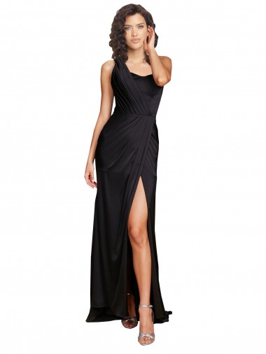 Cheap Black One Shoulder Sleeveless A-Line Long Sexy Evening Dress UK