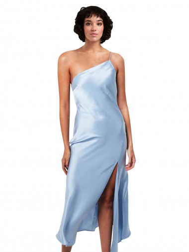 Cheap Light Sky Blue One Shoulder Sleeveless Midi Length Evening Dress UK