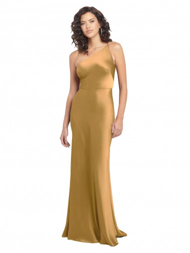 Cheap Gold One Shoulder Sleeveless Stretch Satin Long Evening Dress UK