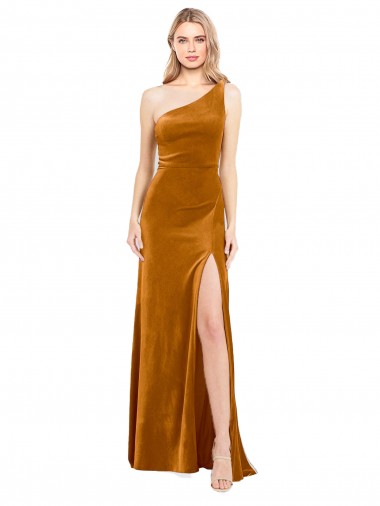 Cheap Gold One Shoulder Sleeveless Stretch Velvet Long Evening Dress UK