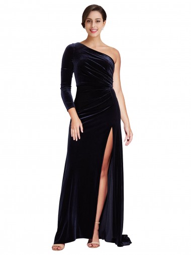 Cheap Dark Navy One Shoulder Long Sleeves Sweep Train Evening Dress UK