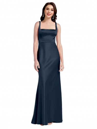 Cheap Dark Navy Square Neck Sleeveless Low Back Long Bridal Party Dress UK