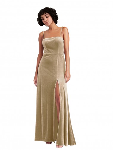 Cheap Champagne Square Neck Sleeveless Low Back Long Maxi Evening Dress UK