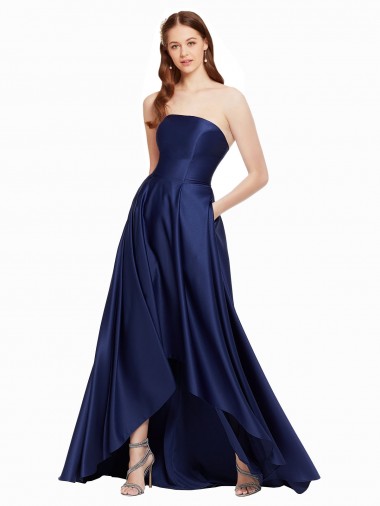 Cheap Dark Navy Strapless Sleeveless Low Back Satin Long Evening Dresses UK