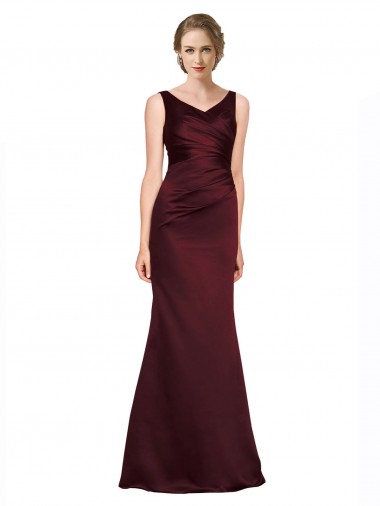 Cheap Burgundy V-Neck Sleeveless Low Back Satin Long Evening Dress UK