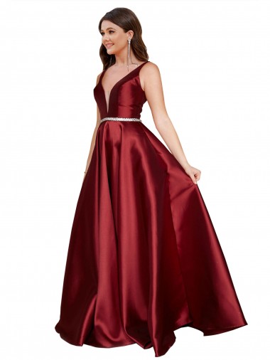 Cheap Burgundy V-Neck Sleeveless V-Back Long Plus Size Evening Dress UK