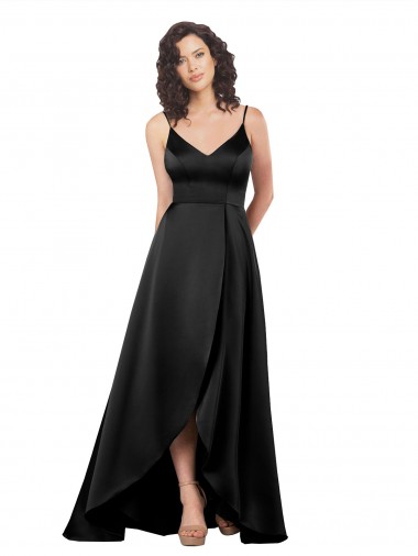 Cheap Black V-Neck Sleeveless Low Back Silky Satin Long Wedding Party Dress UK