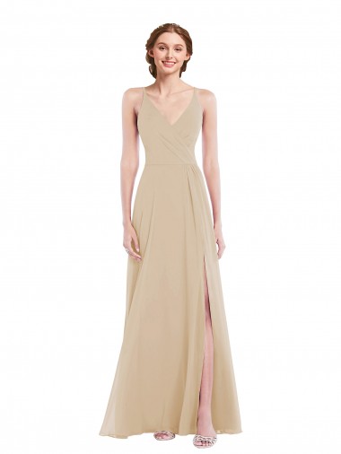 Cheap Champagne V-Neck Sleeveless Criss Cross Back Long Maxi Evening Dress UK