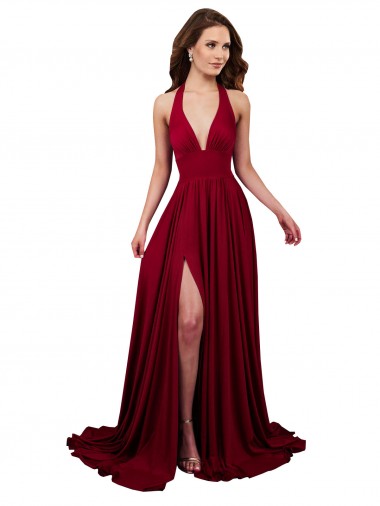 Cheap Burgundy V-Neck Sleeveless Open Back A-Line Long Sexy Evening Dress UK