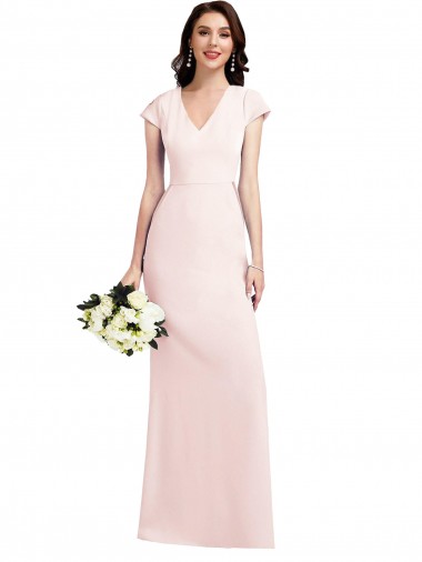 Cheap Pink V-Neck Cap Sleeves Stretch Crepe Long Evening Dress UK