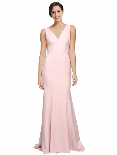 Cheap Pink V-Neck Sleeveless V-Back Sweep Train Semi Formal Evening Gown UK