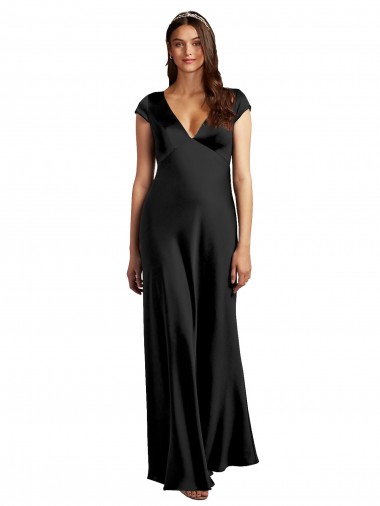 Cheap Black V-Neck Cap Sleeves Keyhole Back Long Evening Dress UK