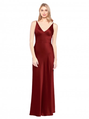 Cheap Burgundy V-Neck Sleeveless V-Back Stretch Satin Long Evening Dress UK