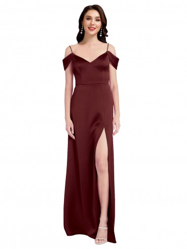 Cheap Burgundy Gold V-Neck Sleeveless Stretch Satin Long Wedding Party Dress UK