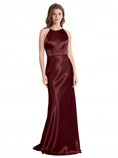 Cheap Burgundy Gold V-Neck Sleeveless Stretch Satin Long Evening Dress UK