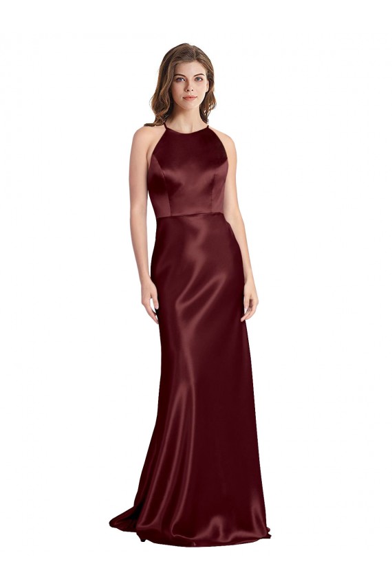 Purcahse  Burgundy Gold V-Neck Sleeveless Stretch Satin Long Evening Dress UK