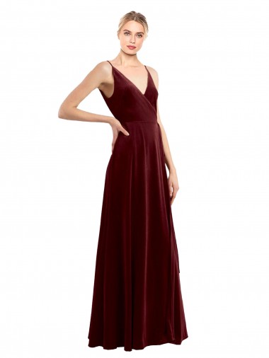 Cheap Burgundy V-Neck Sleeveless V-Back Stretch Velvet Long Wedding Party Dress UK