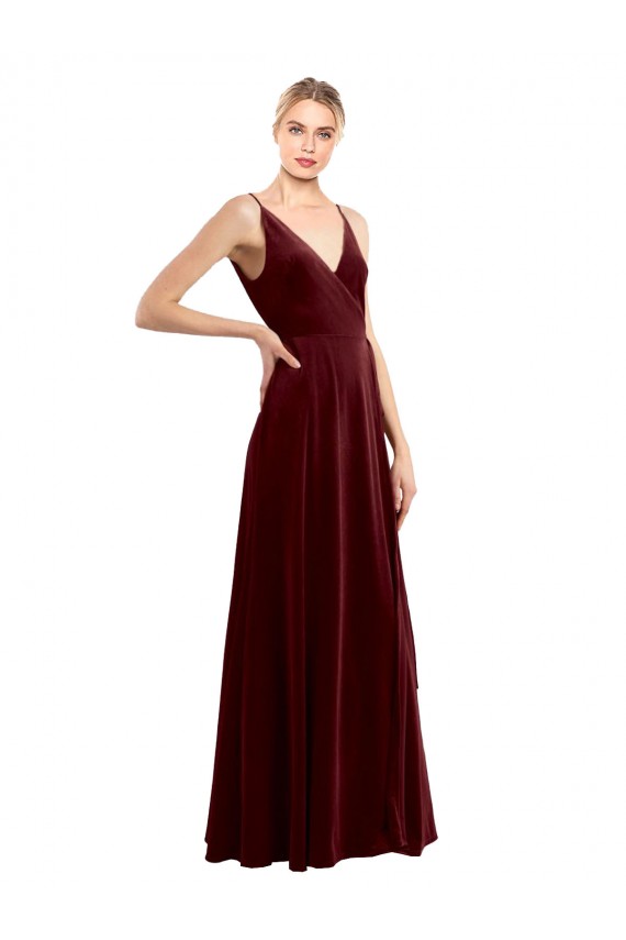 Purcahse  Burgundy V-Neck Sleeveless V-Back Stretch Velvet Long Wedding Party Dress UK