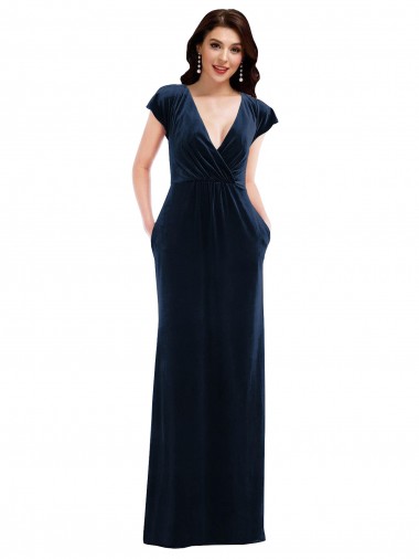 Cheap Dark Navy V-Neck Flutter Sleeves Long Maxi Evening Dress UK