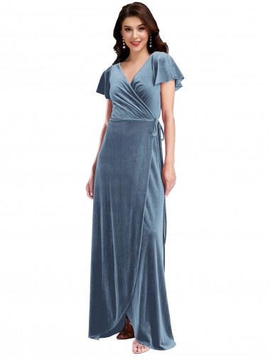 Cheap Dusty Blue V-Neck Flutter Sleeves Long Maxi Evening Dress UK