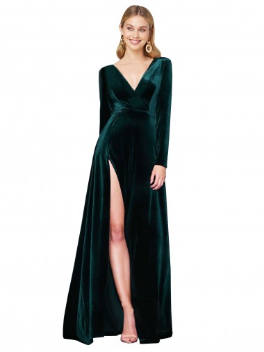 Cheap Dark Green V-Neck Long Sleeves Sweep Train Evening Dress UK