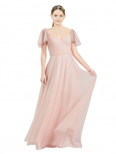 Cheap Pink V-Neck Flutter Sleeves Long Semi Formal Evening Dress UK