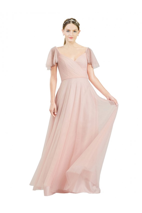 Purcahse  Pink V-Neck Flutter Sleeves Long Semi Formal Evening Dress UK