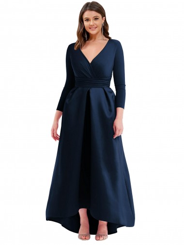 Cheap Dark Navy V-Neck Long Sleeves Long Plus Size Evening Dress UK