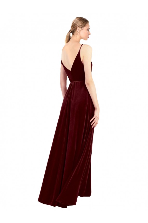 Purcahse  Burgundy V-Neck Sleeveless V-Back Stretch Velvet Long Wedding Party Dress UK