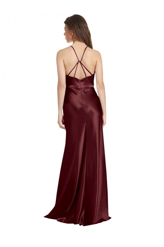 Purcahse  Burgundy Gold V-Neck Sleeveless Stretch Satin Long Evening Dress UK