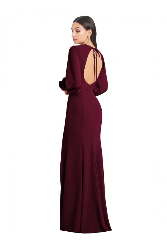 Purcahse  Burgundy Gold Bateau Neck Puff Sleeves Open Back Long Evening Dress UK