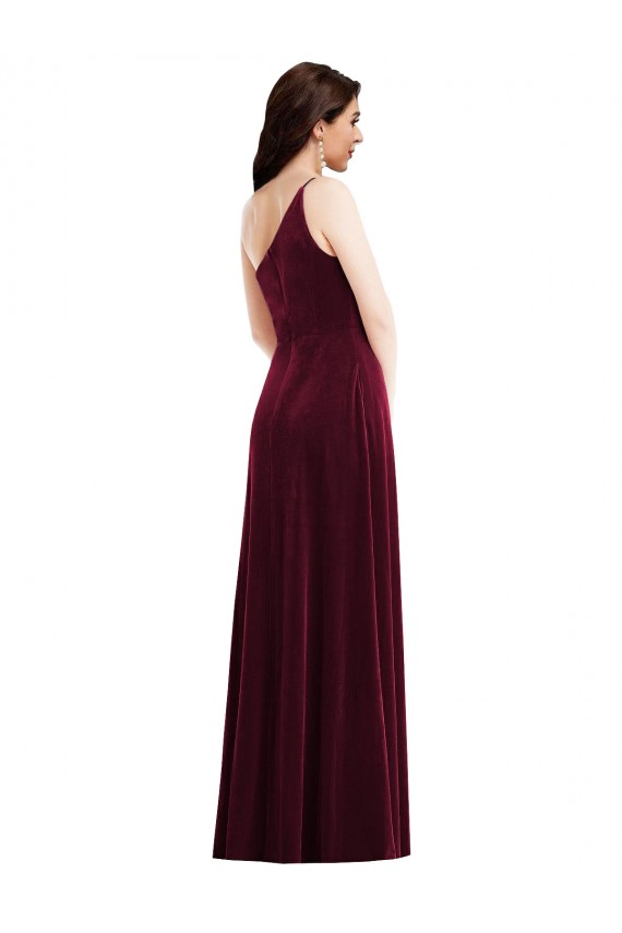 Purcahse  Burgundy One Shoulder Sleeveless Stretch Velvet Long Maxi Evening Dress UK