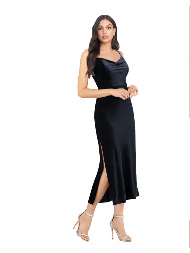 Cheap Dark Navy Cowl Neck Sleeveless Low Back Midi Length Evening Dress UK