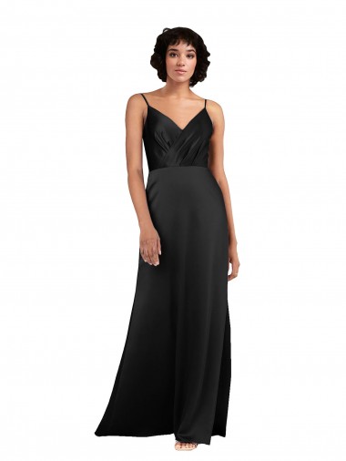 Cheap Black V-Neck Sleeveless Silky Satin Long Evening Dress UK