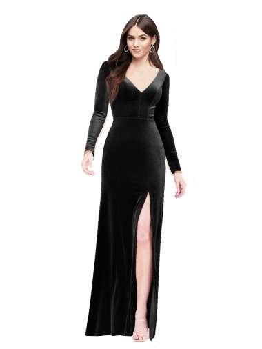 Cheap Black V-Neck Long Sleeves V-Back Long Evening Dress UK