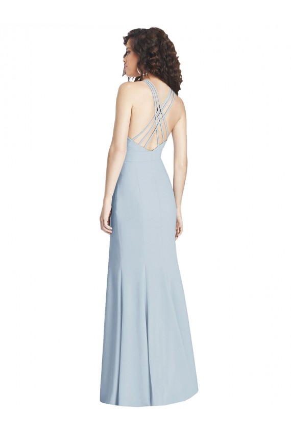 Purcahse  Light Sky Blue Halter Neck Sleeveless Criss Cross Open Back Long Semi Formal Evening Dress UK