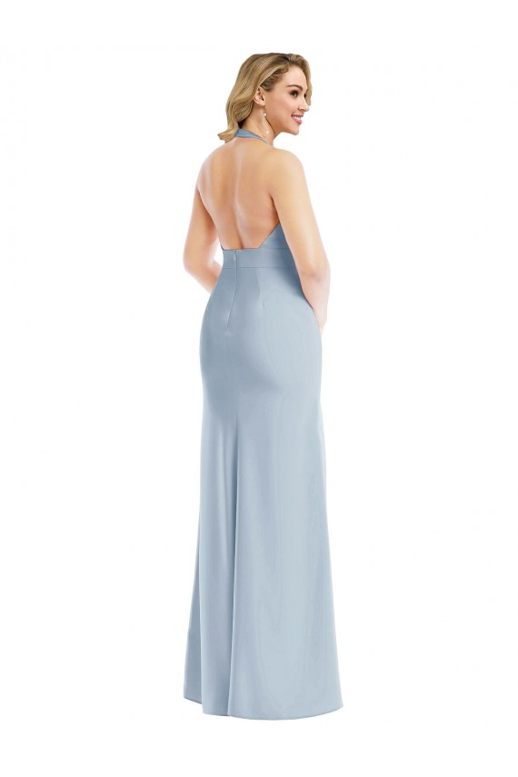 Purcahse  Light Sky Blue Halter Neck Sleeveless Open Back Long Semi Formal Evening Dress UK