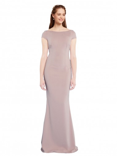 Cheap Dusty Pink Boat Neck Cap Sleeves Tie Back Long Evening Dress UK