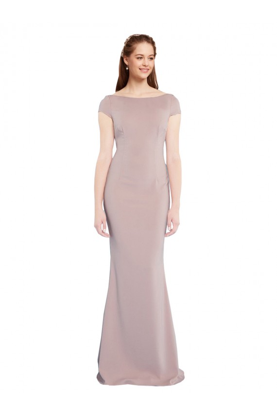 Purcahse  Dusty Pink Boat Neck Cap Sleeves Tie Back Long Evening Dress UK