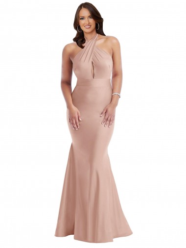 Cheap Dusty Pink Halter Neck Sleeveless Open Back Long Plus Size Evening Dress UK